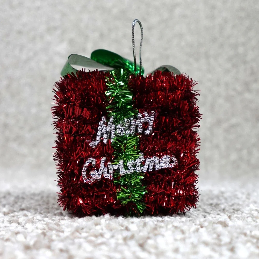 Red Green Tinsel Merry Christmas Gift Box Ornament Glitter Bow 3 Inch